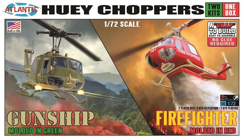1/72 Huey Choppers (2): US Army Gunship & Firefighter Helicopter (Snap) - AAN-1026