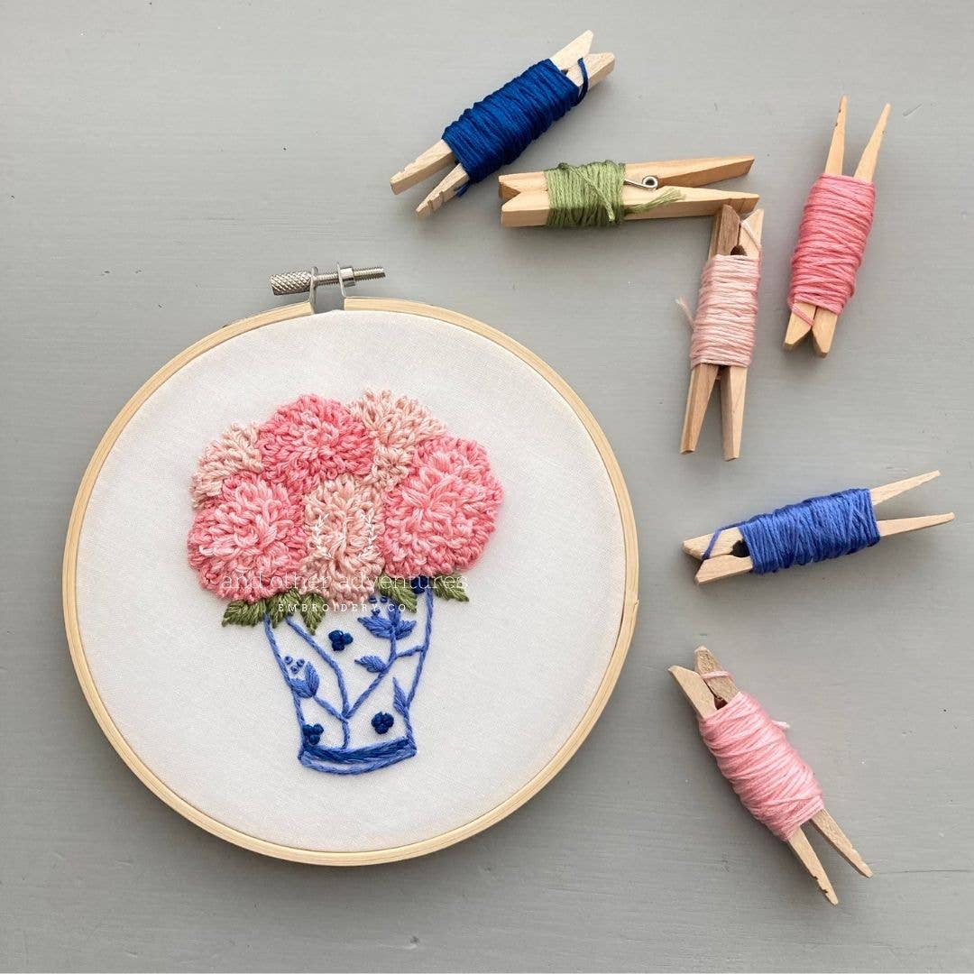 Embroidery Kit - Ginger Jar with Pink Dahlias - Intermediate