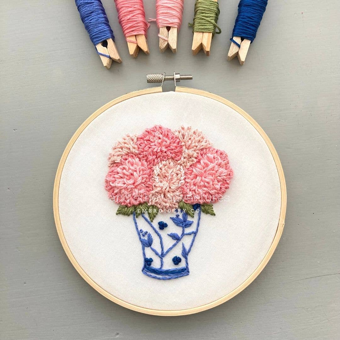 Embroidery Kit - Ginger Jar with Pink Dahlias - Intermediate
