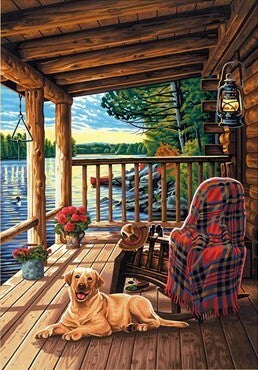Log Cabin Porch (Chair/Dog/Lake Scene) Paint by Number (14"x20")
