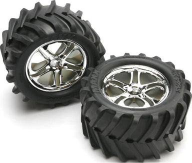 Tires & wheels, assembled, glued (SS (Split Spoke) chrome wheels, Maxx Chevron tires, foam inserts) (2) (fits Maxx/Revo series)