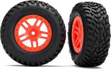 Tires & wheels, assembled, glued (SCT Split-Spoke orange wheels, SCT off-road racing tires, foam inserts) (2) (4WD f/r, 2WD rear) (TSM rated)