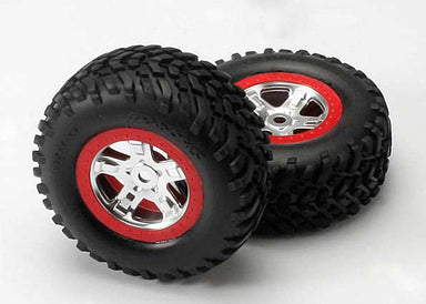 Tires & wheels, assembled, glued (SCT, satin chrome, red beadlock wheels, dual profile (2.2" outer, 3.0" inner), SCT off-road tires, foam inserts) (2)