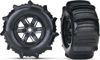 Tires & wheels, assembled, glued (X-Maxx black wheels, paddle tires, foam inserts) (left & right) (2)