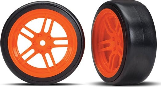 Tires and wheels, assembled, glued (split-spoke orange wheels, 1.9" Drift tires) (front)