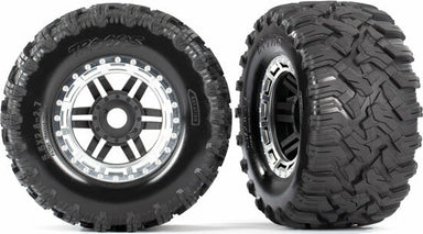 Tires and Wheels, Assembled, Glued (Black, Satin Chrome Beadlock Style Wheels, Maxx® Mt Tires, Foam Inserts) (2) (17Mm Splined) (Tsm® Rated)