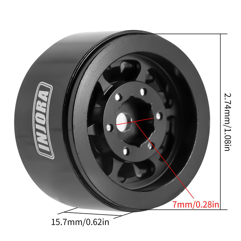 INJORA 1.0" Negative Offset 2.85mm Beadlock Aluminum Wheel Rims for 1/24 RC Crawlers (4) (W1009) - YQW-1009BK