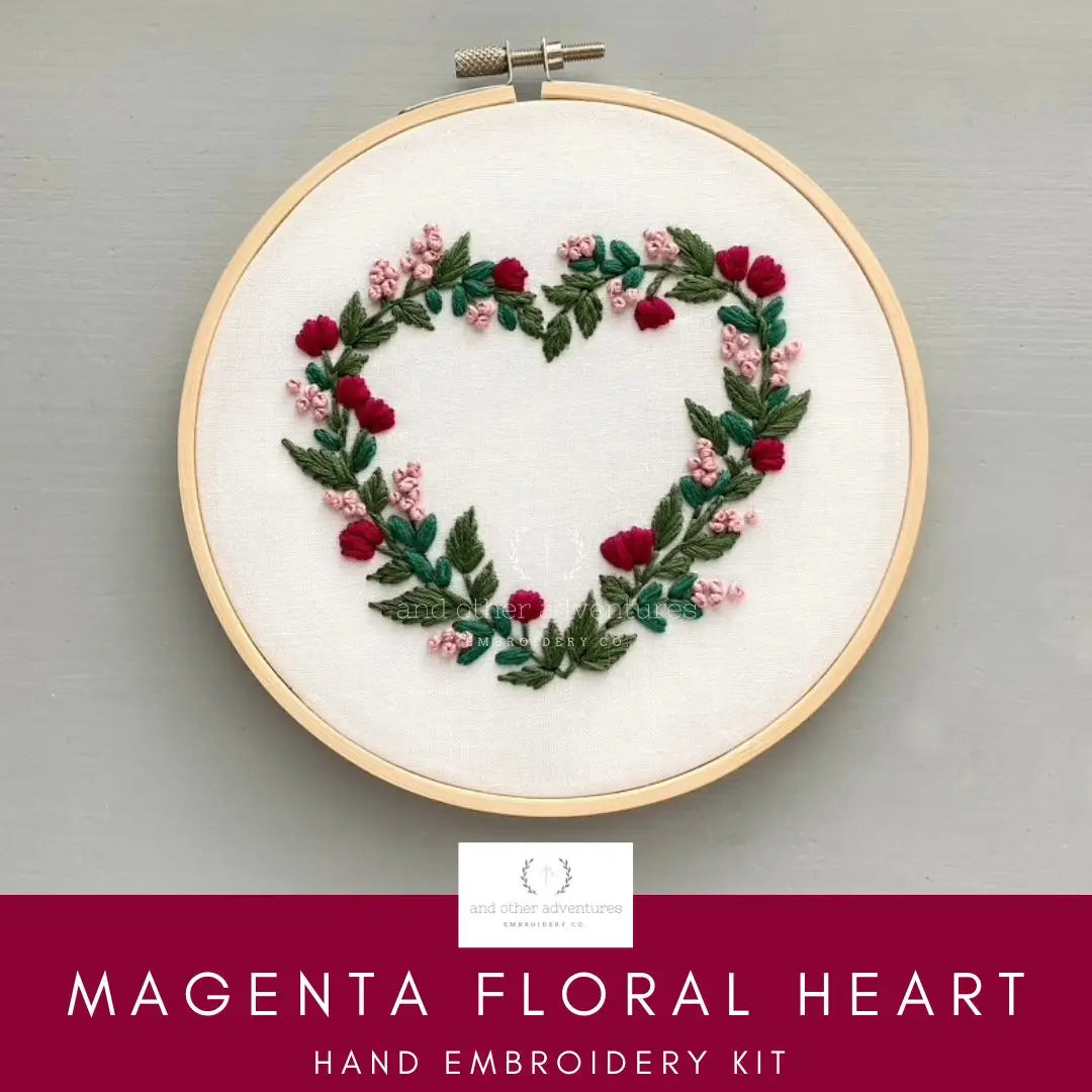 Hand Embroidery Kit - Magenta Floral Heart