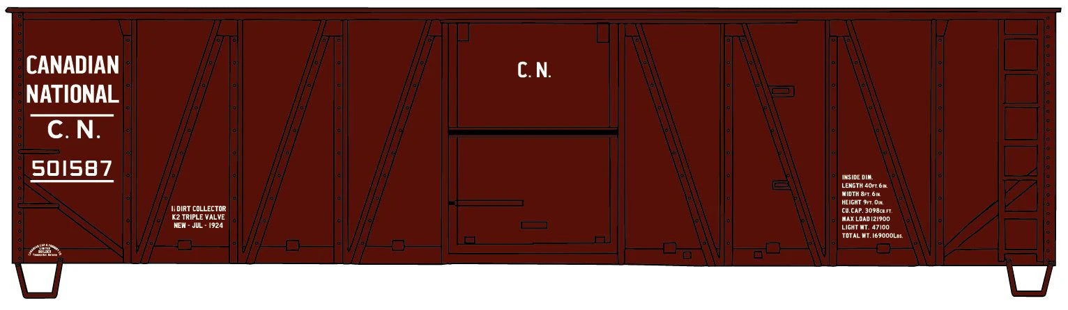 112-4121 0' Single-Sheathed Wood Boxcar with Wood Doors and Wood Ends - Kit -- Canadian National #501587