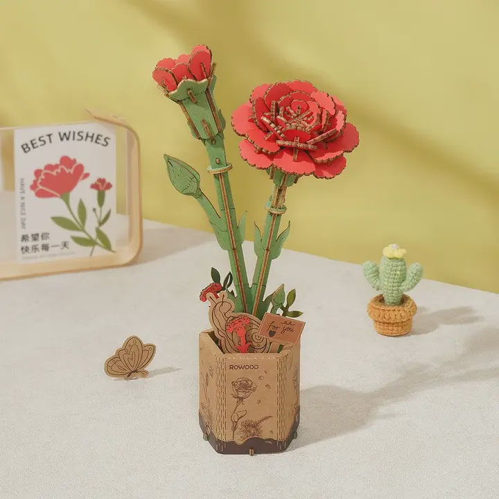 TW052 Red Carnation Rowood Diy Wooden Flower Bouquet 3D