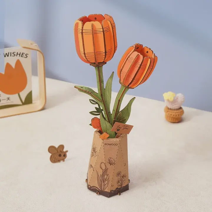 TW081 Orange Tulip Rowood Diy Wooden Flower Bouquet 3D