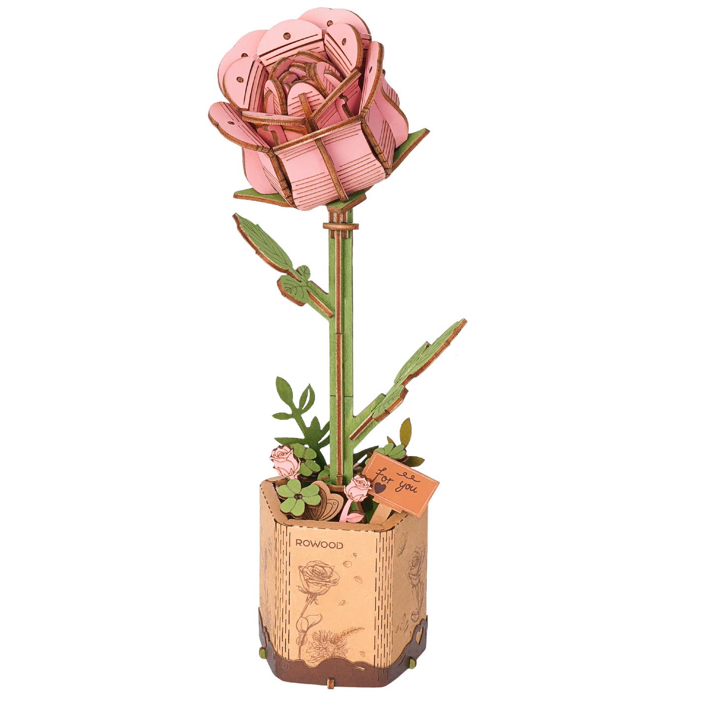 TW041 Pink Rose Robotime Rowood DIY Wooden Flower 3D Puzzles