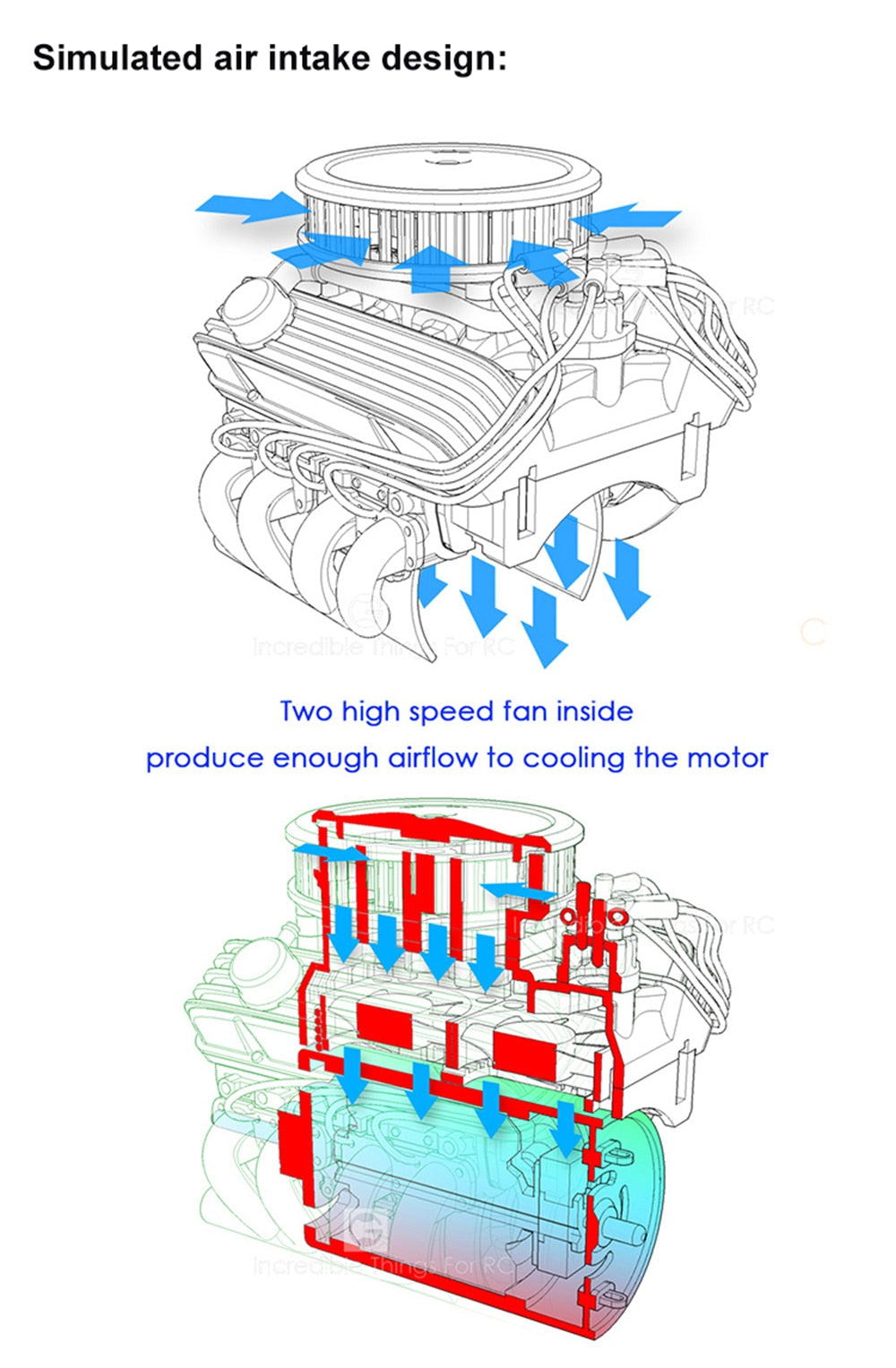 CRAW18257 INJORA F82 V8 Simulate Engine Motor Cooling Fans Radiator For 1/10 RC Crawler