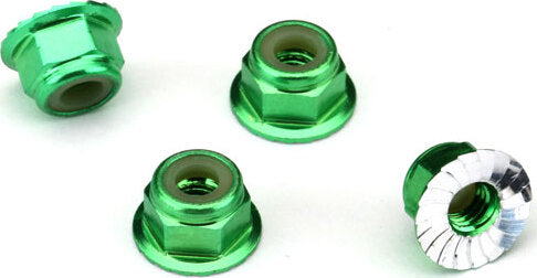 Nuts, aluminum, flanged, serrated (4mm) (green-anodized) (4)