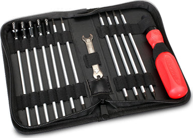 Tool set with pouch (includes 1.5mm, 2.0mm, 2.5mm, 3.0mm, 3.5mm, 4mm drivers/ 4mm, 5mm, 5.5mm, 7mm and 8mm nut drivers/ 2mm, 4mm, and 5mm slotted screwdrivers/ #00 phillips, #0 phillips, and #1 Phillips screwdrivers/ 4mm and 8mm wrench/ driver handle