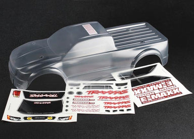 Body, E-Maxx Brushless (clear, requires painting)/ decal sheet