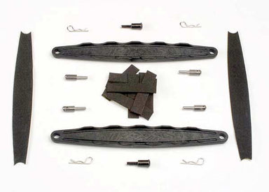 Hold downs, battery (2)/ adhesive foam battery pads/ shoulder screws (2)/ battery hold-down posts (4)/ clips (4)