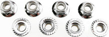 Nuts, 5mm flanged nylon locking (steel, serrated) (8)