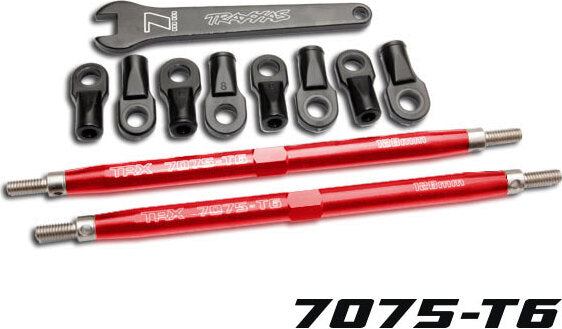 Toe links, Revo (Tubes red-anodized, 7075-T6 aluminum, stronger than titanium) (128mm, fits front or rear) (2)/ rod ends, rear (4)/ rod ends, front (4)/ aluminum wrench (1)