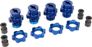 Wheel hubs, splined, 17mm, short (2), long (2)/wheel nuts, splined, 17mm (4) (blue-anodized)/ hub retainer M4x0.7 (4)/axle pin (4)/wrench, 5mm