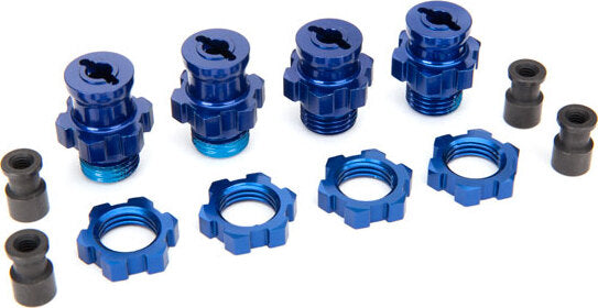 Wheel hubs, splined, 17mm, short (2), long (2)/wheel nuts, splined, 17mm (4) (blue-anodized)/ hub retainer M4x0.7 (4)/axle pin (4)/wrench, 5mm