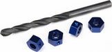 Wheel adaptors, 12mm hex, 6061-T6 aluminum (blue-anodized) (4)/ screw pins (4)/ drill bit, 0.25 inch (for 6mm shafts) (requires #6451 (x2), #6452 (x2), #6439, #6455, #5117 (x3))