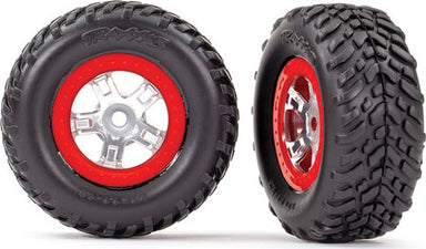 Tires and wheels, assembled, glued (SCT satin chrome wheels, red beadlock style, SCT off-road racing tires, foam inserts) (1 each, right & left)