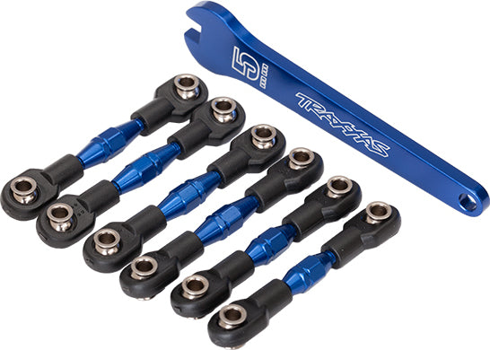 Turnbuckles, aluminum (blue-anodized), camber links, 32mm (front) (2)/ camber links, 28mm (rear) (2)/ toe links, 34mm (2)/ aluminum wrench