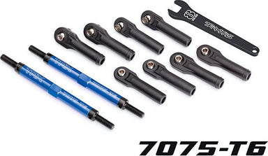 Toe links, E-Revo VXL (TUBES blue-anodized, 7075-T6 aluminum, stronger than titanium) (144mm) (2)/ rod ends, assembled with steel hollow balls (8)/ aluminum wrench, 10mm (1)